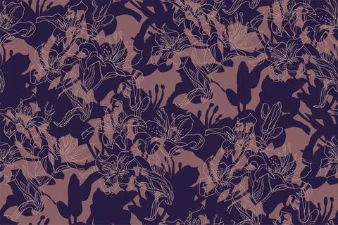 Vector modern seamless pattern with silhouettes and outline of Lily flowers. Stock Illustration