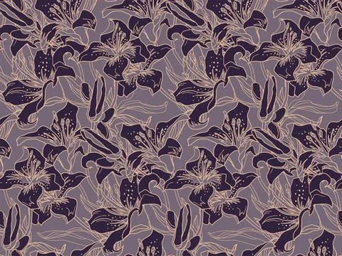 Vector modern seamless pattern with silhouettes and outline of Lily flowers. Stock Illustration