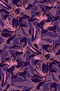 Vector modern seamless pattern with silhouettes of Lily flowers. Illustrazione stock