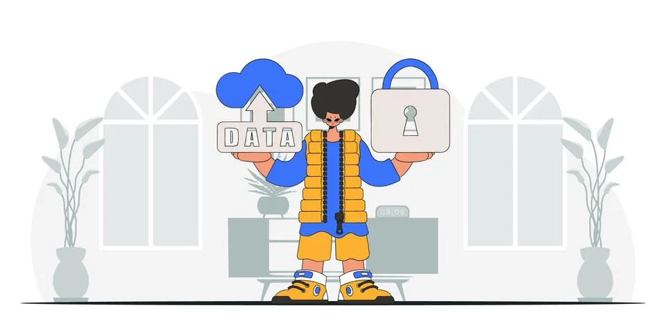 .Vector modern style character cloud storage and padlock. Stock Illustration