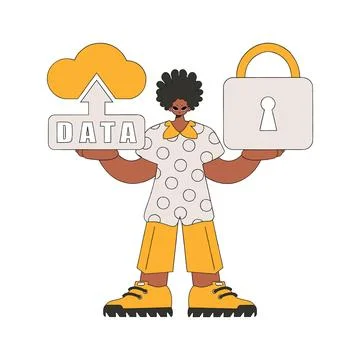 Vector modern style character cloud storage and padlock. Stock Illustration