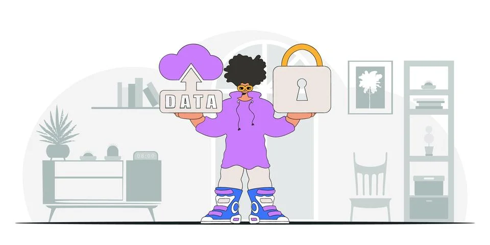 Vector modern style character of a man holding a cloud storage and a padlock. Stock Illustration