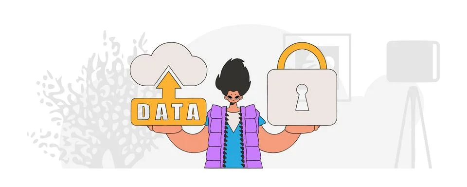 Vector modern style man holding a cloud storage drive and padlock. Stock Illustration
