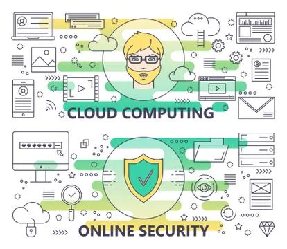 Vector modern thin line Cloud computing and Online security banners Stock Illustration