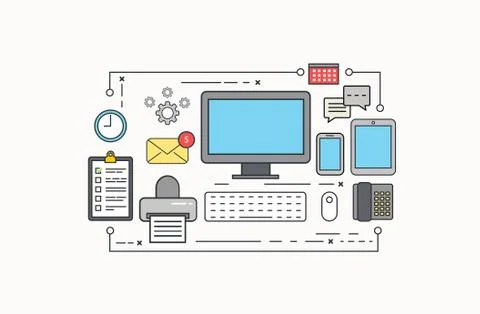 Vector modern thin line flat design of workplace Stock Illustration