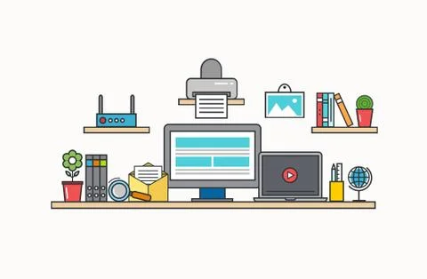 Vector modern thin line flat design of workplace Stock Illustration