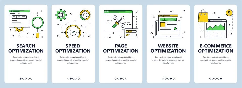 Vector modern thin line search optimization concept web banner set Illustrazione stock