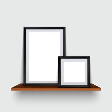 Vector modern two empty frames standing on a wooden shelf Illustrazione stock