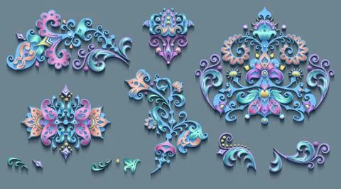 Vector modern volumetric floral elements set. Stock Illustration