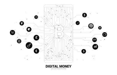 Vector money bitcoin icon in mobile phone screen from dot connect line circui Stock Illustration