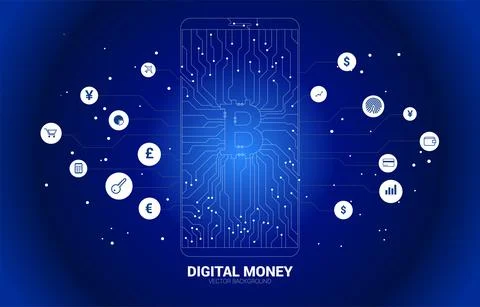 Vector money bitcoin icon in mobile phone screen from dot connect line circui Stock Illustration