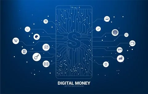 Vector money dollar icon in mobile phone screen from dot connect line circuit Stock Illustration