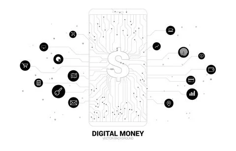Vector money dollar icon in mobile phone screen from dot connect line circuit Stock Illustration