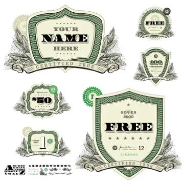 Vector money frames with leaf woodcut decoration Stock Illustration