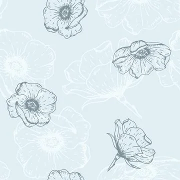 Vector Monochromatic Blue Wild Roses Vintage Drawing seamless pattern background Stock Illustration