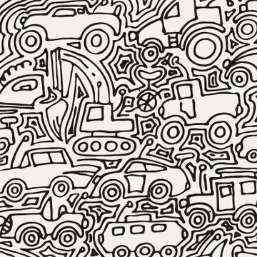 Vector monochrome auto pattern, doodle lines, black and white grunge background Illustrazione stock