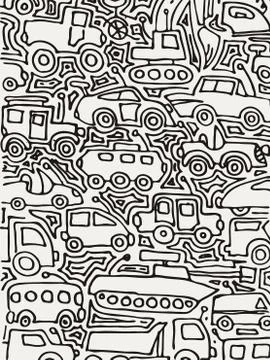 Vector monochrome auto pattern, doodle lines, black and white grunge background 스톡 일러스트