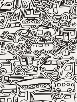 Vector monochrome auto pattern, doodle lines, black and white grunge background Stock Illustration