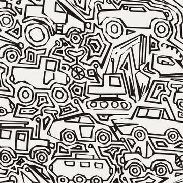 Vector monochrome auto pattern, doodle lines, black and white grunge backgrou Stock Illustration