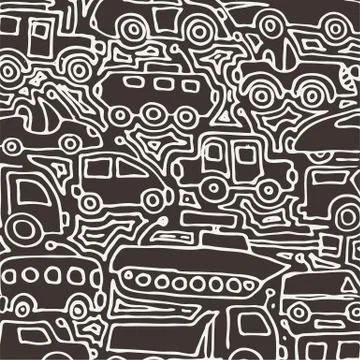 Vector monochrome auto pattern, doodle lines, black and white grunge backgrou Stock Illustration