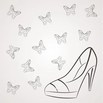 Vector monochrome background with filigree butterflies of women's shoes with Stock Illustration