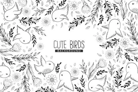 Vector monochrome background with pattern from black and white cute birds, pl Stock Illustration