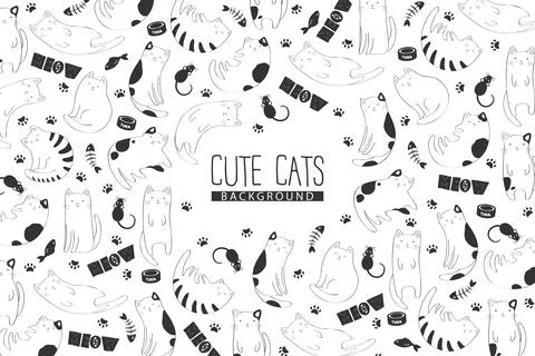 Vector monochrome background with pattern from black and white cute cats, fis Stockillustratie
