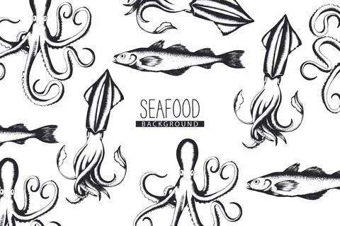Vector monochrome background with pattern from black squids, octopuses and fi Stock Illustration