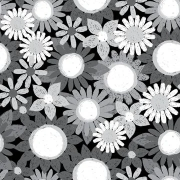 Vector monochrome black and grey textured sunflowers pen sketch repeat patter Stock Illustration