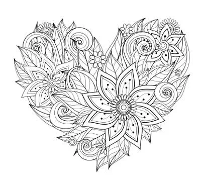 Vector Monochrome Floral Composition in Heart Shape Stock Illustration