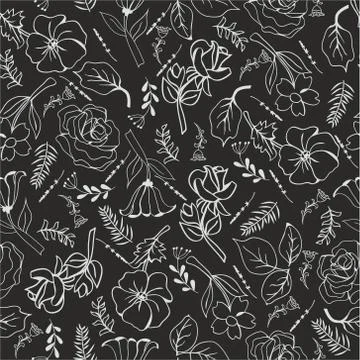 Vector Monochrome flowers on black background Stock Illustration