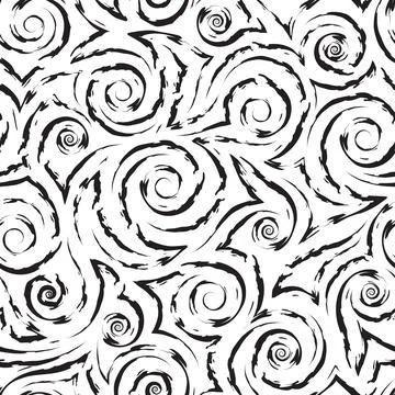 Vector monochrome geometric seamless pattern of flowing spirals curls and Stock Illustration