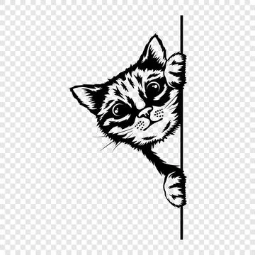 Vector Monochrome Hand Drawm Black, White Hiding Peeking Kitten. Peeking Kitten Stock Illustration