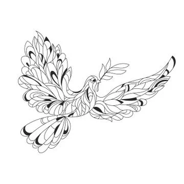 Vector monochrome hand drawn zentagle illustration of peace dove with olive b Stock Illustration