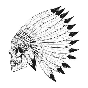 Vector monochrome illustration of stylized skull wearing native American war  Stock Illustration