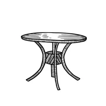 Vector monochrome line hand drawing sketche. Round table on four foot isolate Stock Illustration