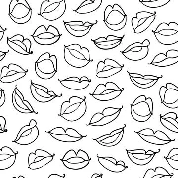 Vector Monochrome seamless pattern with contour sketch lips on white background. Stock Illustration
