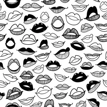 Vector Monochrome seamless pattern with contour sketch sexy lips on white Stock Illustration