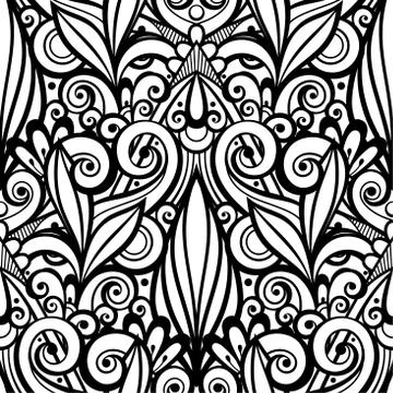Vector Monochrome Seamless Pattern with Floral Ornament Stock Illustration