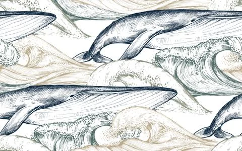 Vector monochrome seamless pattern with ocean waves and whales in sketch style. Stock Illustration