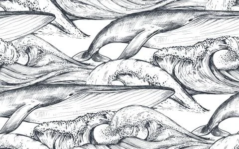 Vector monochrome seamless pattern with ocean waves and whales in sketch style. Stock Illustration