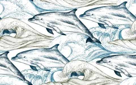 Vector monochrome seamless pattern with ocean waves and dolphins in sketch style Stock Illustration
