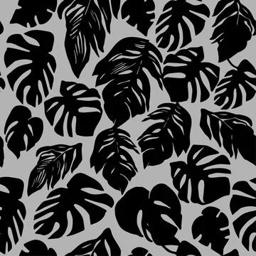 Vector monochrome seamless pattern with silhouettes of black tropical leaves. Stock Illustration