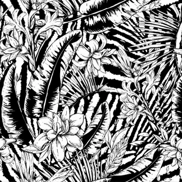 Vector monochrome seamless pattern of tropical leaves Stock Illustration