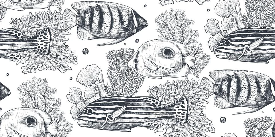 Vector monochrome seamless sea pattern with tropical fish Stock Illustration