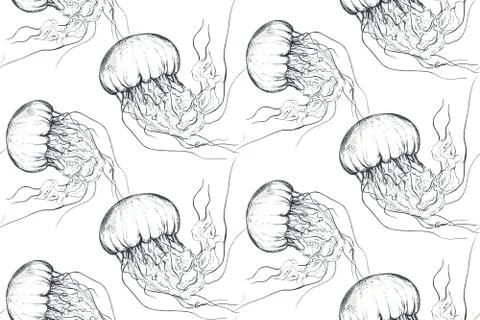 Vector monochrome seamless sea pattern with jellyfish. Underwater world Stock Illustration