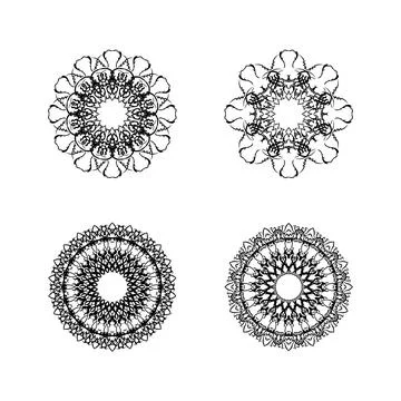 Vector Monochrome Set of Mandalas. Round Abstract Objects Isolated On White.. 스톡 일러스트
