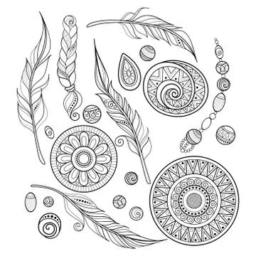 Vector Monochrome Set of Tribal Decorative Objects 库存插图