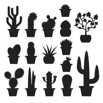 Vector monochrome set of various cactus in pots. Stock Illustration