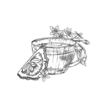 Vector monochrome sketch of mug with tea, piece and branch with bergamot fl.. Stock Illustration